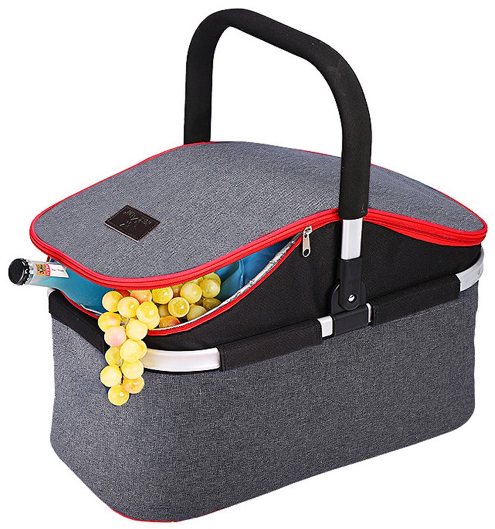 Collapsible Soft Cooler Bag 30L Family Size Insulated Folding Picnic Basket Service for 4 Person’s Food and Drink Keep Hot/Cold/Fresh for Hours Waterproof Insulation Tote With Aluminum Handle-Gray