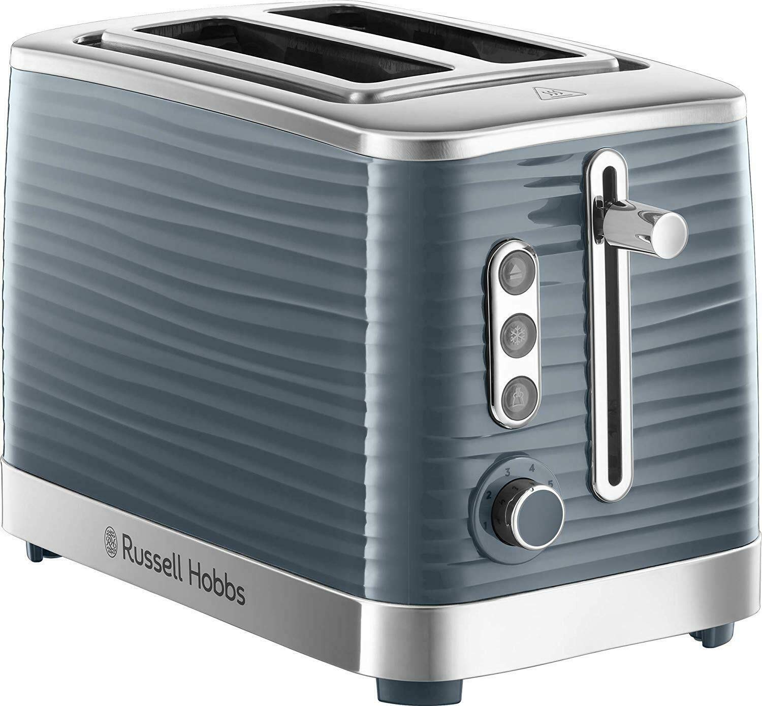 Russell Hobbs Inspire 2 Slice Toaster (Extra wide slots, High lift feature, 6 Browning levels, Frozen/Cancel/Reheat function with Blue LED illumination, 1050W, Grey textured high gloss) 24373