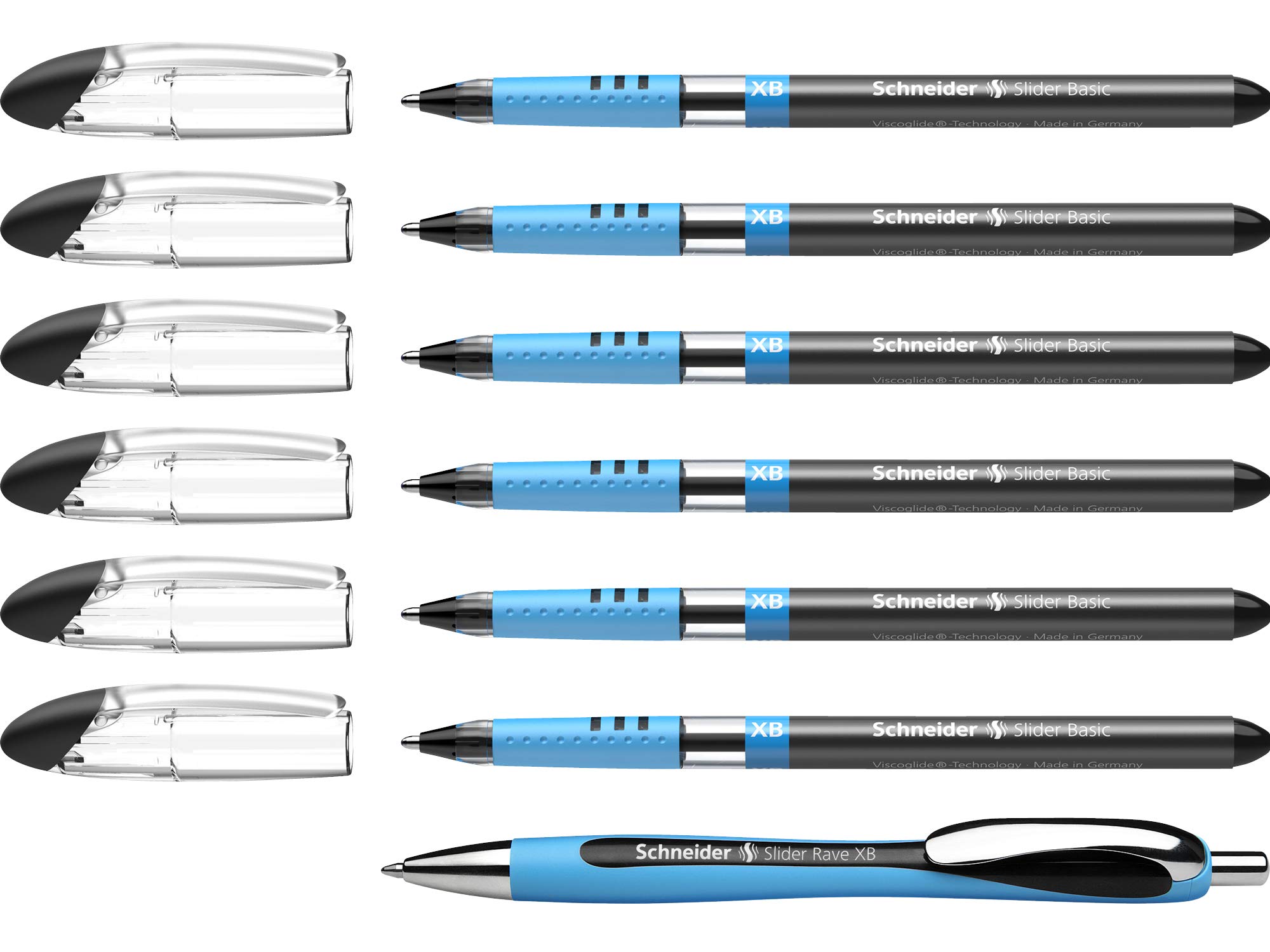 Schneider 151276 Slider Basic XB Pack of 6 and 1x Slider Rave XB Ballpoint Pen with Case, Black Ink — image 1