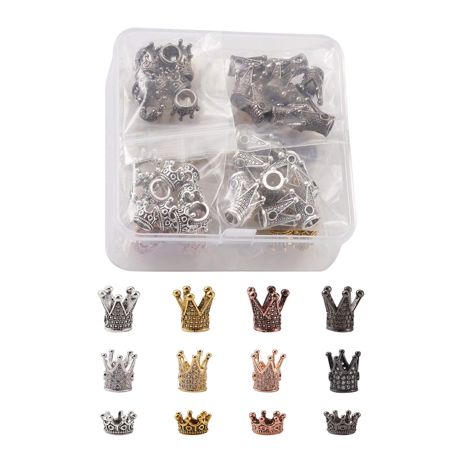 Beadthoven 88pcs King Crown Beads Charms 3 Styles Micro Pave Clear CZ Queen Crown Tibetan Alloy Beads Connector for Bracelet Jewelry Making, Hole: 1-6mm