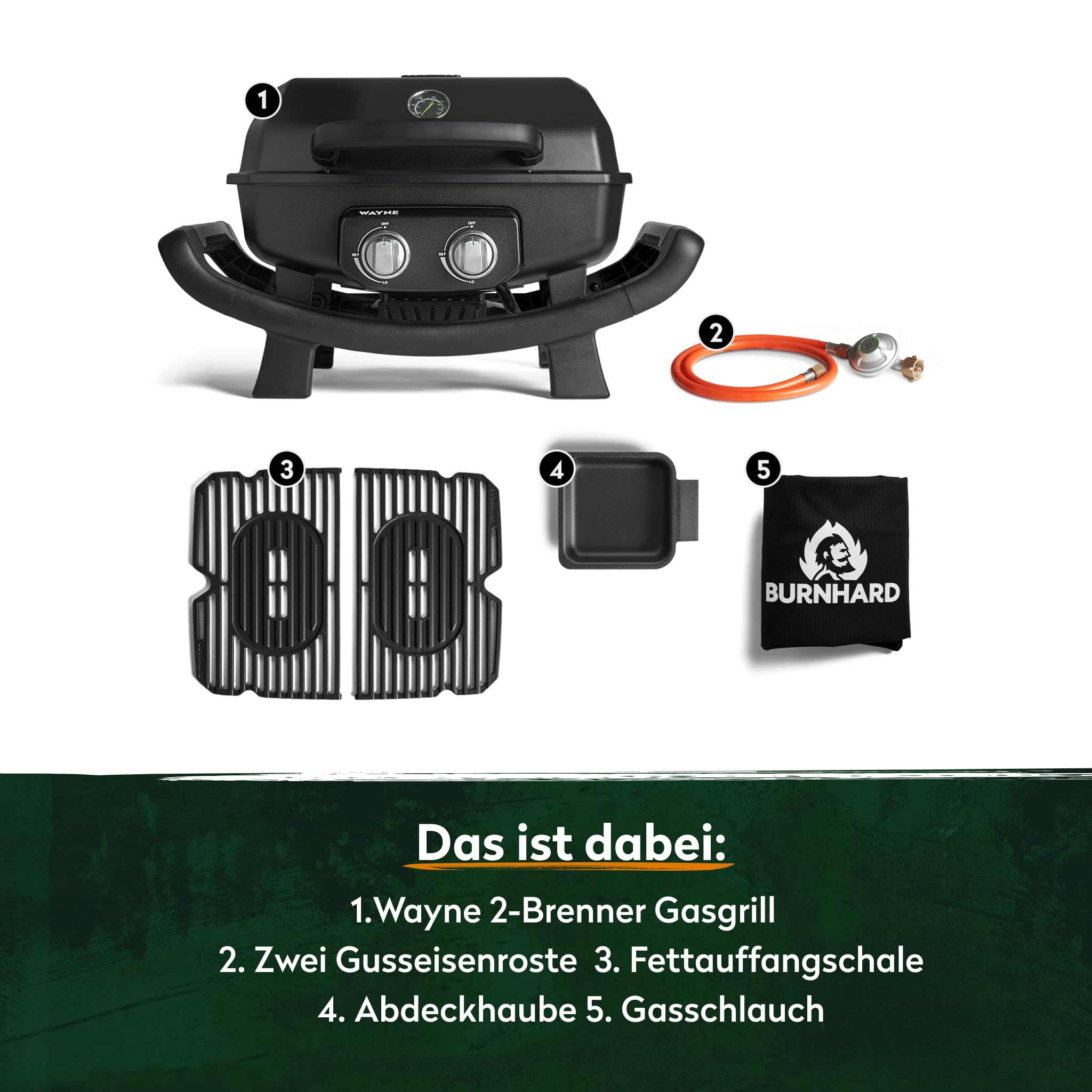 BURNHARD® 2-Brenner Gasgrill WAYNE 4,4 kW – Tragbarer Balkongrill - Tischgasgrill klein mit Aludruckguss Brennkammer inkl. Abdeckhaube - Gusseisen Grillrost 7