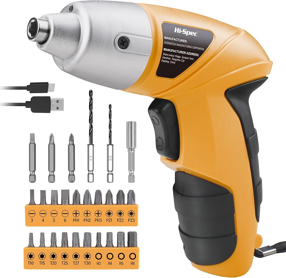 Hi-Spec 34pc Yellow 3.6V Rechargeable Electric Screwdriver Kit