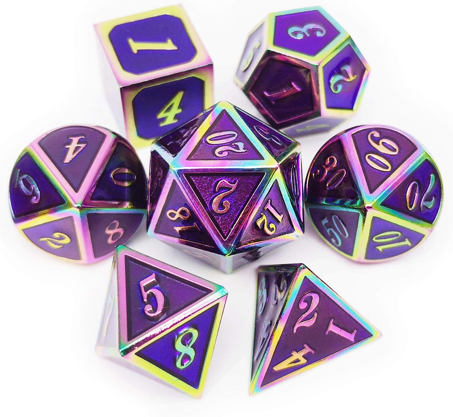 Haxtec Metal DND Dice Set Rainbow Purple Polyhedral Dice for Dungeons