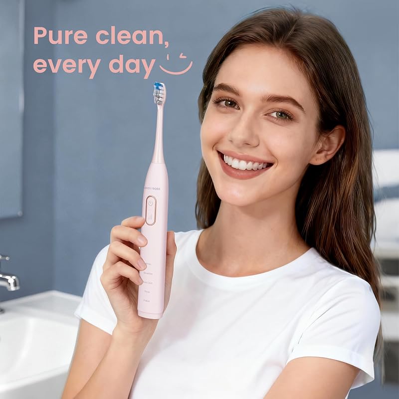 Spazzolino elettrico sonico per adulti, spazzolino ricaricabile rosa con base di ricarica USB, 5 modalità di pulizia × 3 intensità, timer intelligente da 2 minuti, 6 testine, QR-7303