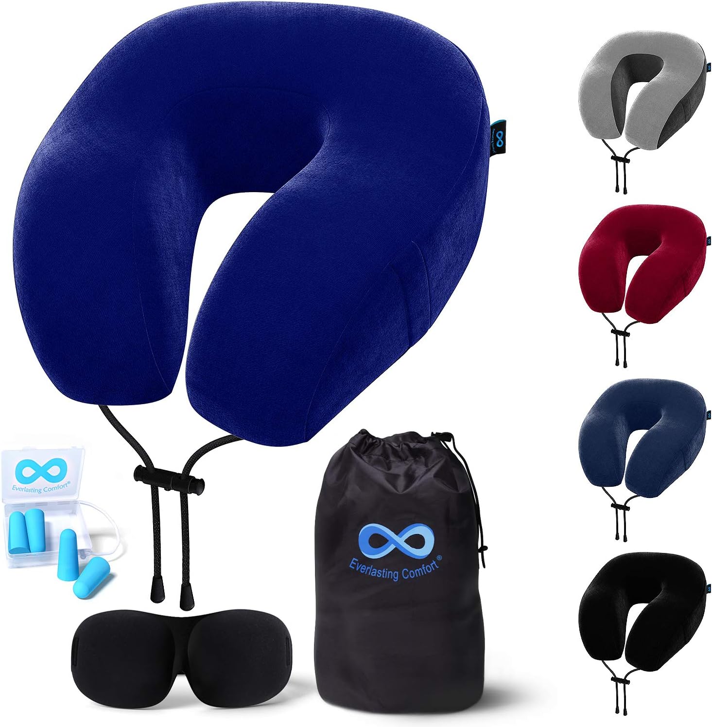 Everlasting Comfort Memory Foam Travel Pillow - Includes Eye Masks and Earplugs - Neck Pillow for Airplane (Blue)