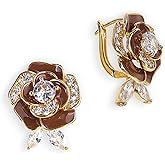 Sonateomber Gold Flower Leaf Stud Hoop Earrings for Women, Valentine Statement Cute Sparkly Rhinestone Enamel Floral huggie Earing Wedding Prom Fashion Jewelry Gift.