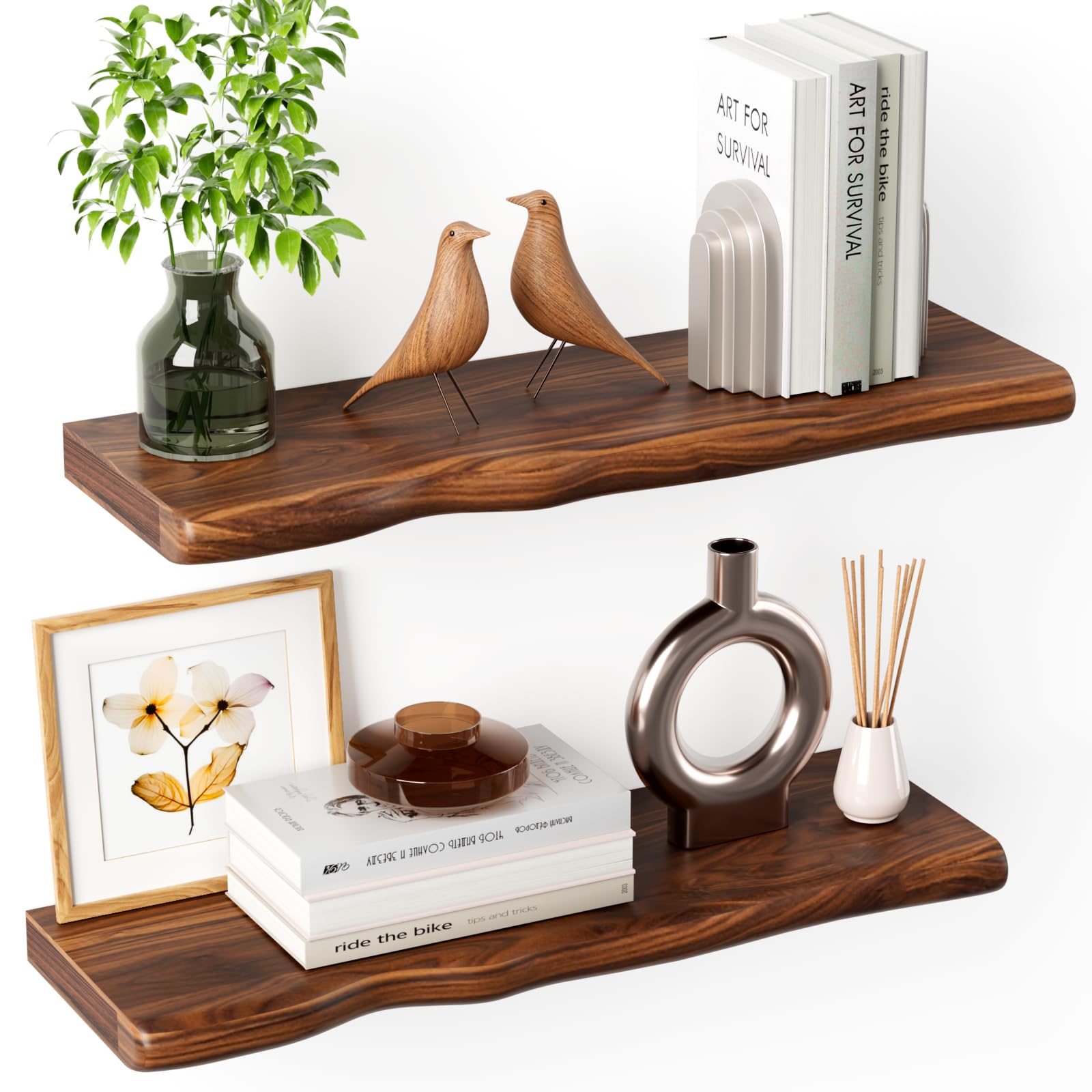 Photo 1 of Floating Shelves for Wall Rustic Farmhouse 24 Inch Floating Shelf Bathroom Wooden Shelves for Wall Mounted Live Edge Pine Wall Shelf with Unique Natural Grain for Living Room Bedroom Kitchen (Walnut)