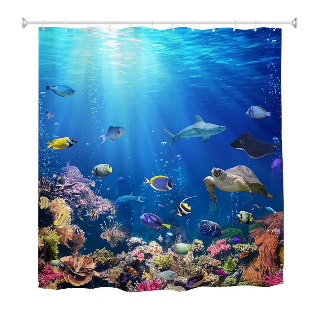 goodbath Extra Long Shower Curtain 240 drop, Under Ocean Fish Anti Mould Fabric Waterproof Bath Curtains for Bathroom Bathtub, 180 x 240 cm,Bright Blue
