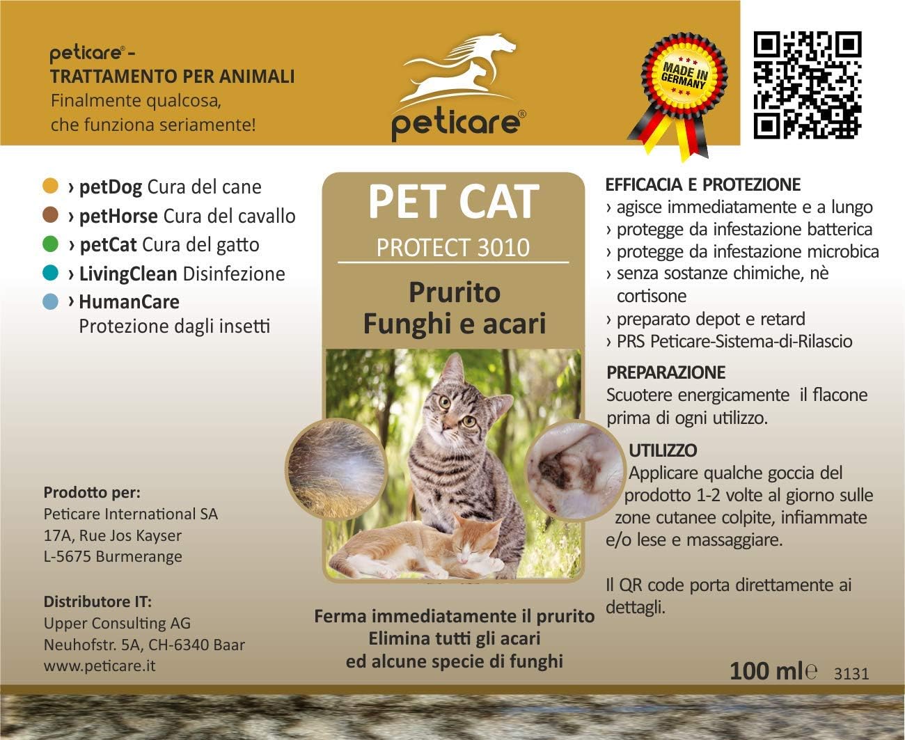 Peticare Gatto Lozione Contro Acari E Prurito Trattamento Delle Infestazioni Da Funghi E Acari Elimina Gli Acari E La Rogna Calma La Pelle Dei Gatti 100 Biologico Petcat Protect