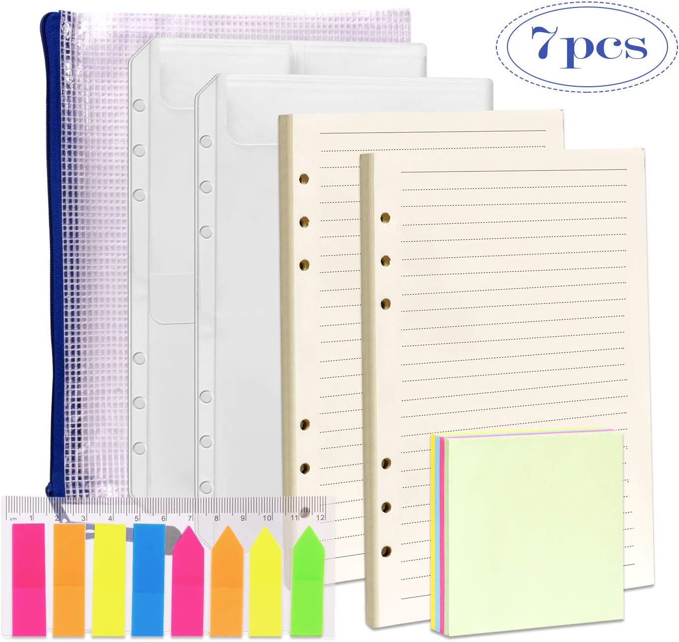 2pcs A5 Refill Paper,2pcs A5 Loose-Leaf Pockets,1 Pack Index Tabs with Ruler,A5 mesh waterproof zip pocket,A5 6 Holes Refillable Craft Paper for 6-Ring Planner Binder Tabs Leather with pockets Noteboo