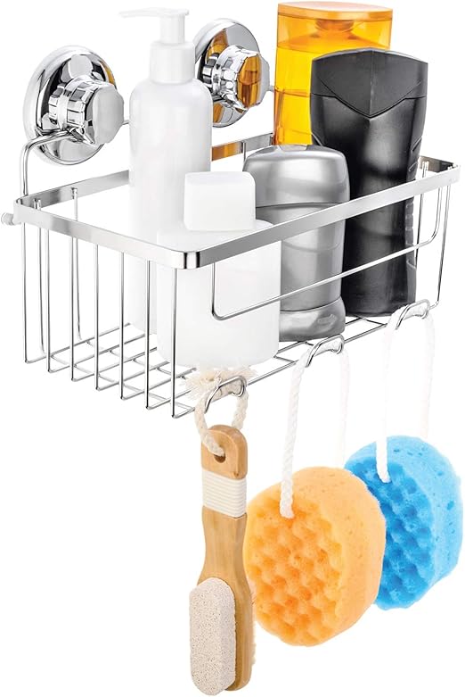 HASKO Accessories Vacuum Suction Cup Shower Caddy Deep Basket Organizer for Shampoo with Hooks