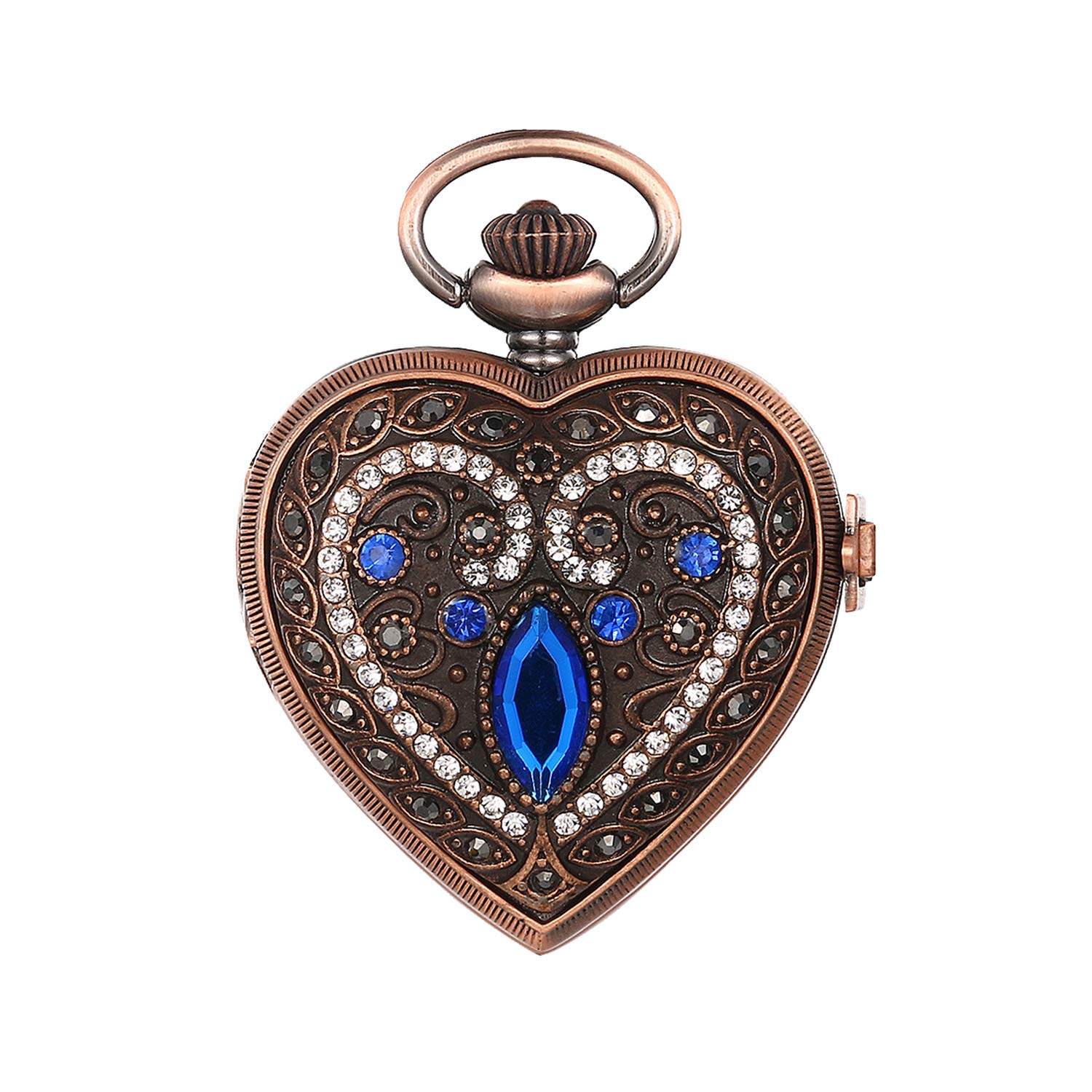 JewelryWe Men Women Pocket Watch Quartz Watch Rhinestone Heart Pendant Necklace Watch
