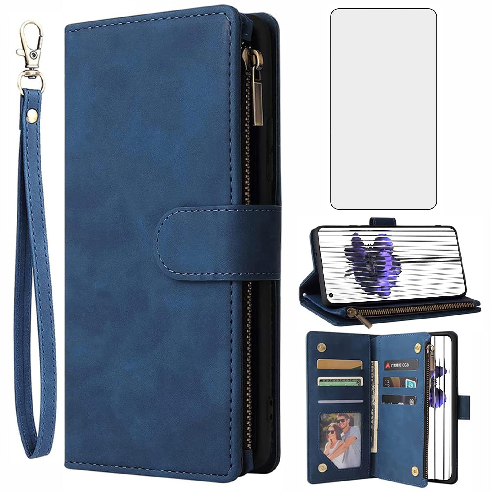 Asuwish Compatible with Nothing Phone 1 One Wallet Case and Tempered Glass Screen Protector Leather Flip Cover Card Holder Stand Cell Accessories TPU Kickstand Protective Phone Cases for Women Blue