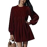synound Women’s Velvet Lace Patchwork Babydoll Dress Puff Long Sleeve Ruffle Swing Loose Fit Crew Neck A-line Mini Dresses