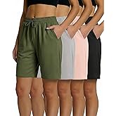 Real Essentials 4 Pack: Women's Dry-Fit Athletic 7" Bermuda Long High Waisted Running Shorts (Available in Plus Size)