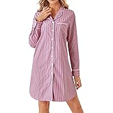 Vrtige Women's Cotton Striped Nightgown Collar V Neck Long Sleeve Button Down Nightwear Top Sleep Shirts Nightdress