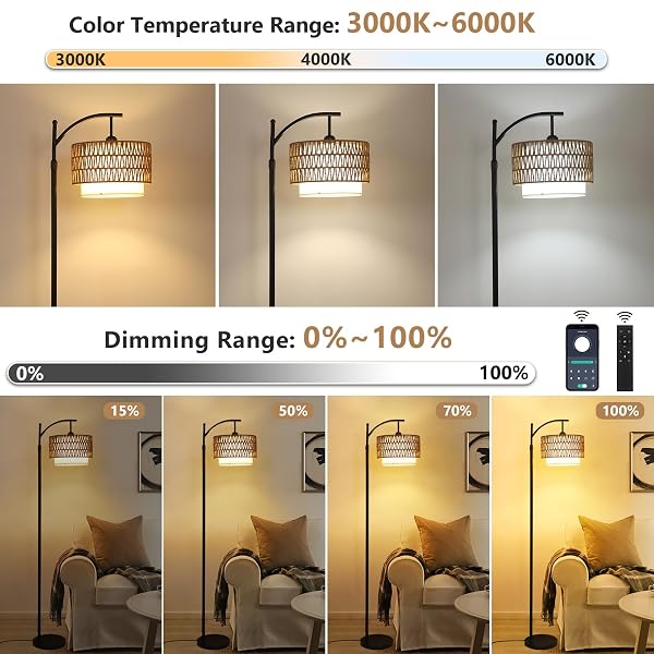 ARC FLOOR LAMP FOR LIVING ROOM WITH 3 COLOR TEMPERATURES, FARMHOUSE FLOOR LAMPS WITH REMOTE & DIMMABLE BULB, BOHO STANDING LAMP WITH RATTAN & FABRIC SHADES, ADJUSTABLE TALL LAMP FOR BEDROOM, OFFICE