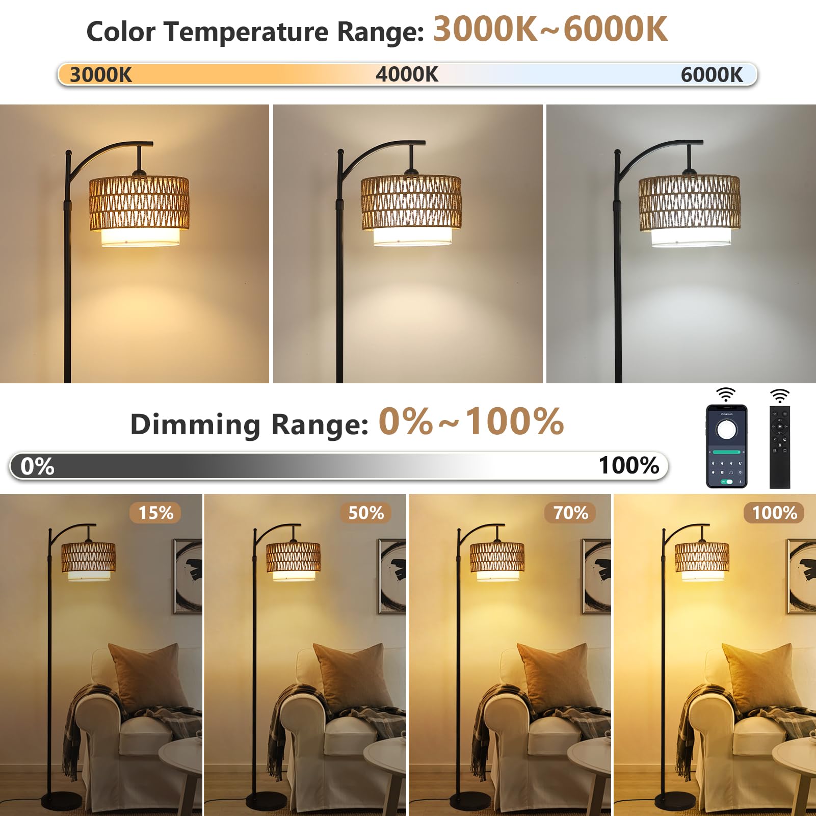 Arc Floor Lamp for Living Room with 3 Color Temperatures, Farmhouse Floor Lamps with Remote & Dimmable Bulb, Boho Standing Lamp with Rattan & Fabric Shades, Adjustable Tall Lamp for Bedroom, Office