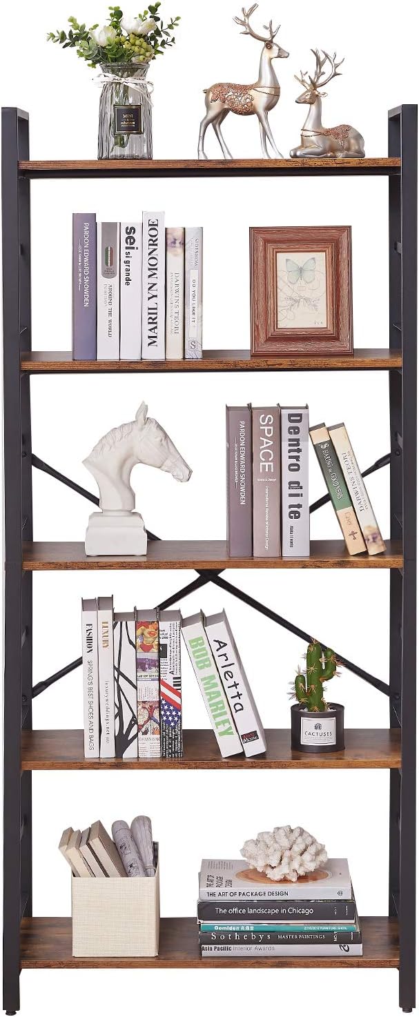 OIAHOMY Industrial Bookshelf，5-Tier Vintage Bookcase and Bookshelves，Rustic Wood and Metal Shelving Unit，Display Rack and Storage Organizer for Living Room, Rustic Brown: Furniture & Decor