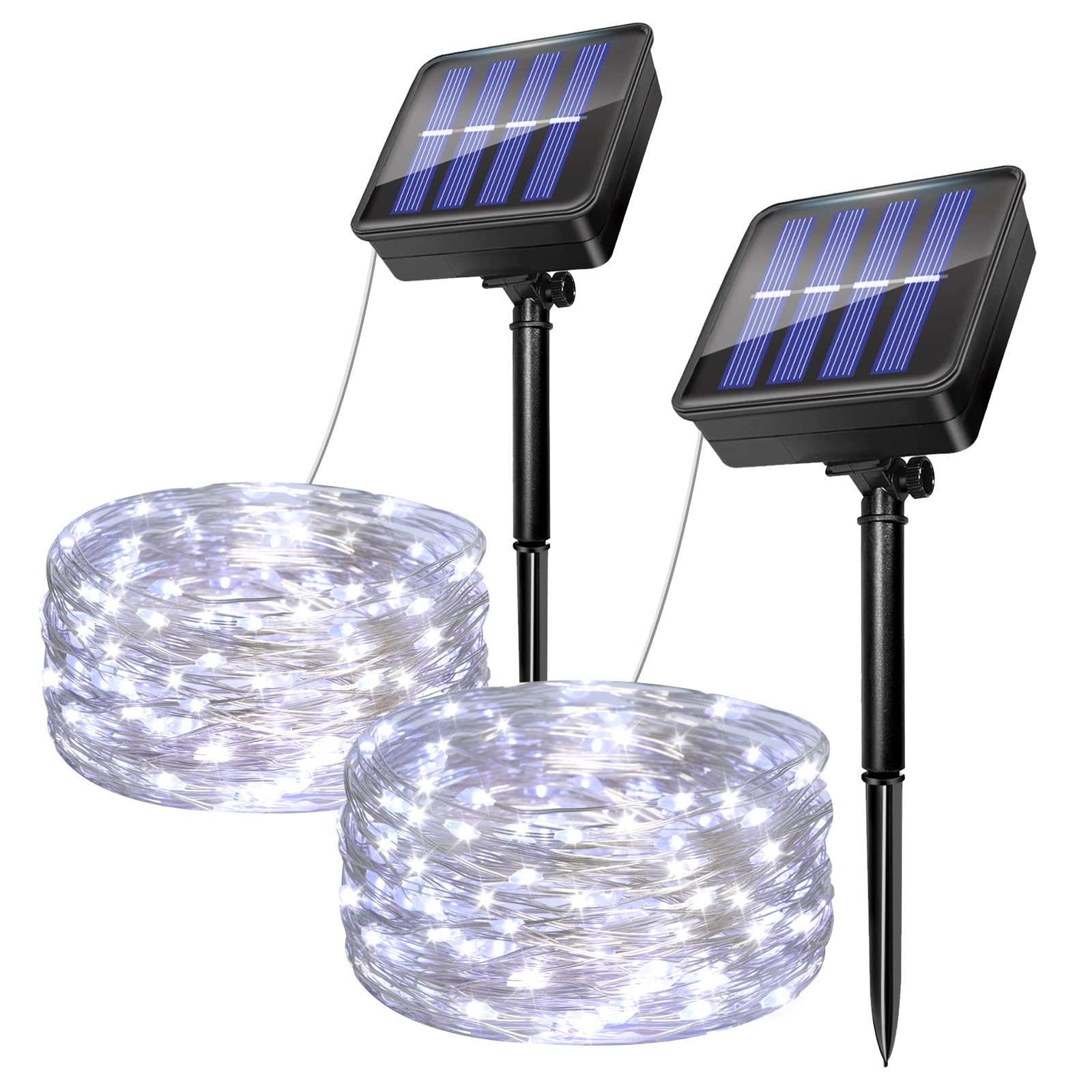 2 Pack Solar String Lights Outdoor, 5M/16.4Ft 50 LED Solar Powered Fairy Lights Waterproof, 8 Modes Copper Wire Decorative Lights for Garden, Patio, Yard, Party, Wedding, Christmas Tree (Cool White)