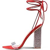GENSHUO Sexy Strappy Rhinestone Chunky Sandals for Women Lace-up High Heels Transparent Open Toe Party Wedding Homecoming Shoes