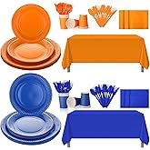Sieral 142 Pieces Orange Blue Birthday Paper Plates and Napkins Cups Forks Knives Spoons Disposable Tablecloth Complete Tableware Pack for Birthday Party Supplies