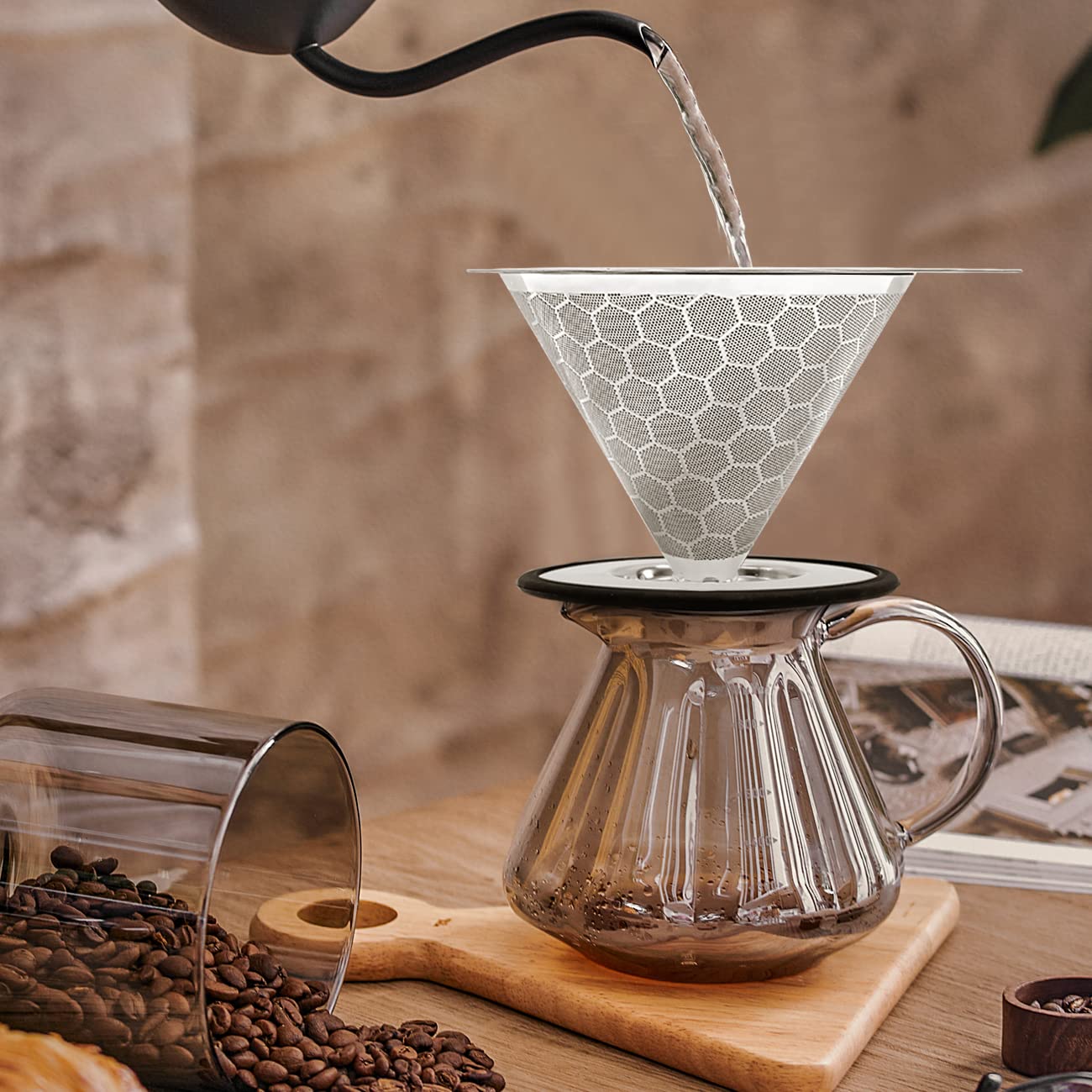 Pour Over Coffee Dripper Reusable Coffee Filter Metal Cone Filter Paperless Coffee Filter Stainless Steel Pour Over Coffee Maker Single Cup Brew Coffee Filter, Double Mesh