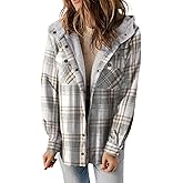 Dokotoo Womens Plaid Shacket Jacket Long Sleeve Button Down Fleece Hooded Jackets Warm Coat
