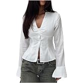 Women Slim Fit Button Down Striped Shirt Long Sleeve Fitted Button Up Shirt Vintage Y2K Pinstripe Collared Blouse
