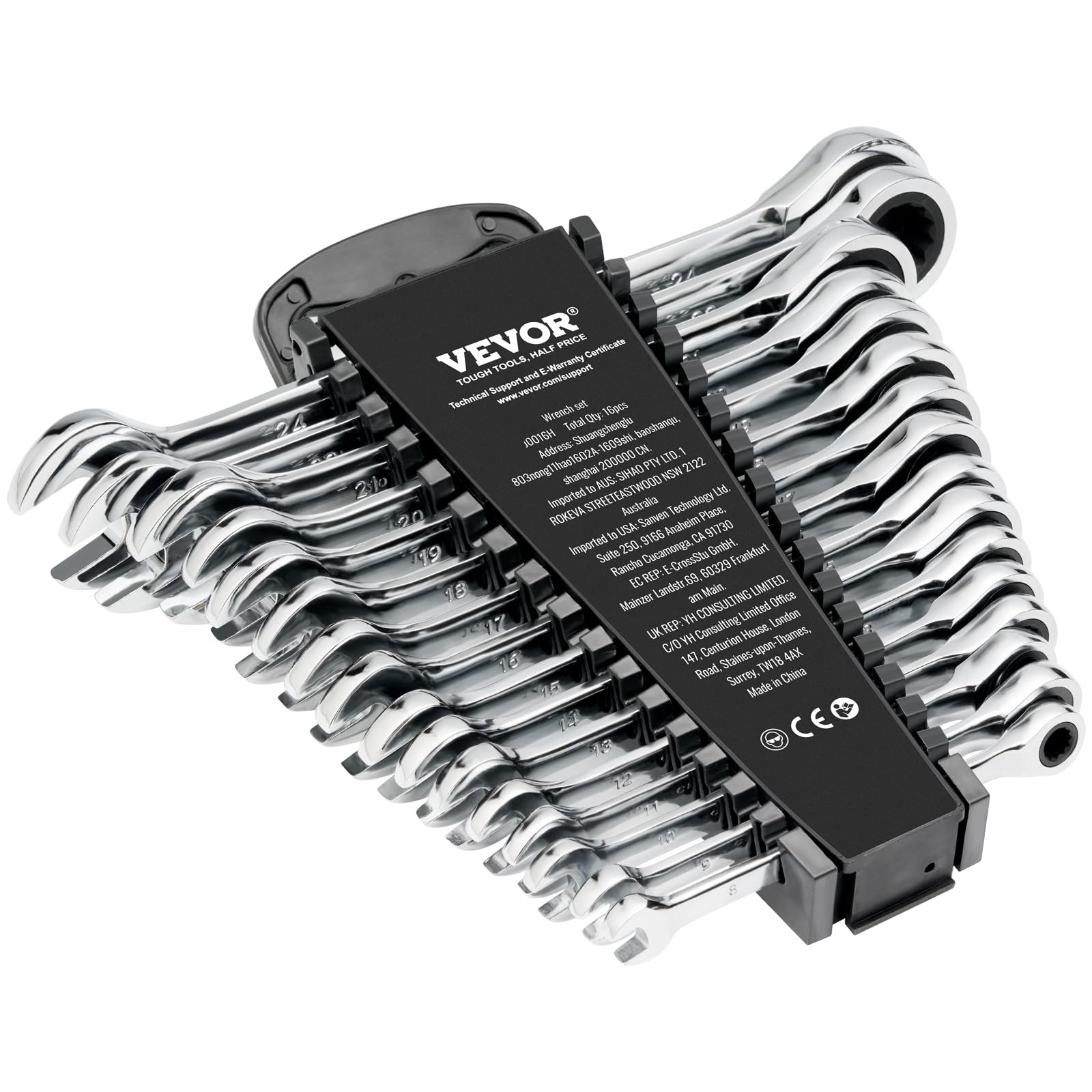 VEVOR Combination Wrench Set, 16-Piece Ratcheting Wrench Set with Organizer Rack, Cr-V Steel, Metric 8 mm to 24 mm, Ideal for General Household, Garage, Workshop, Auto Repairs, Emergency