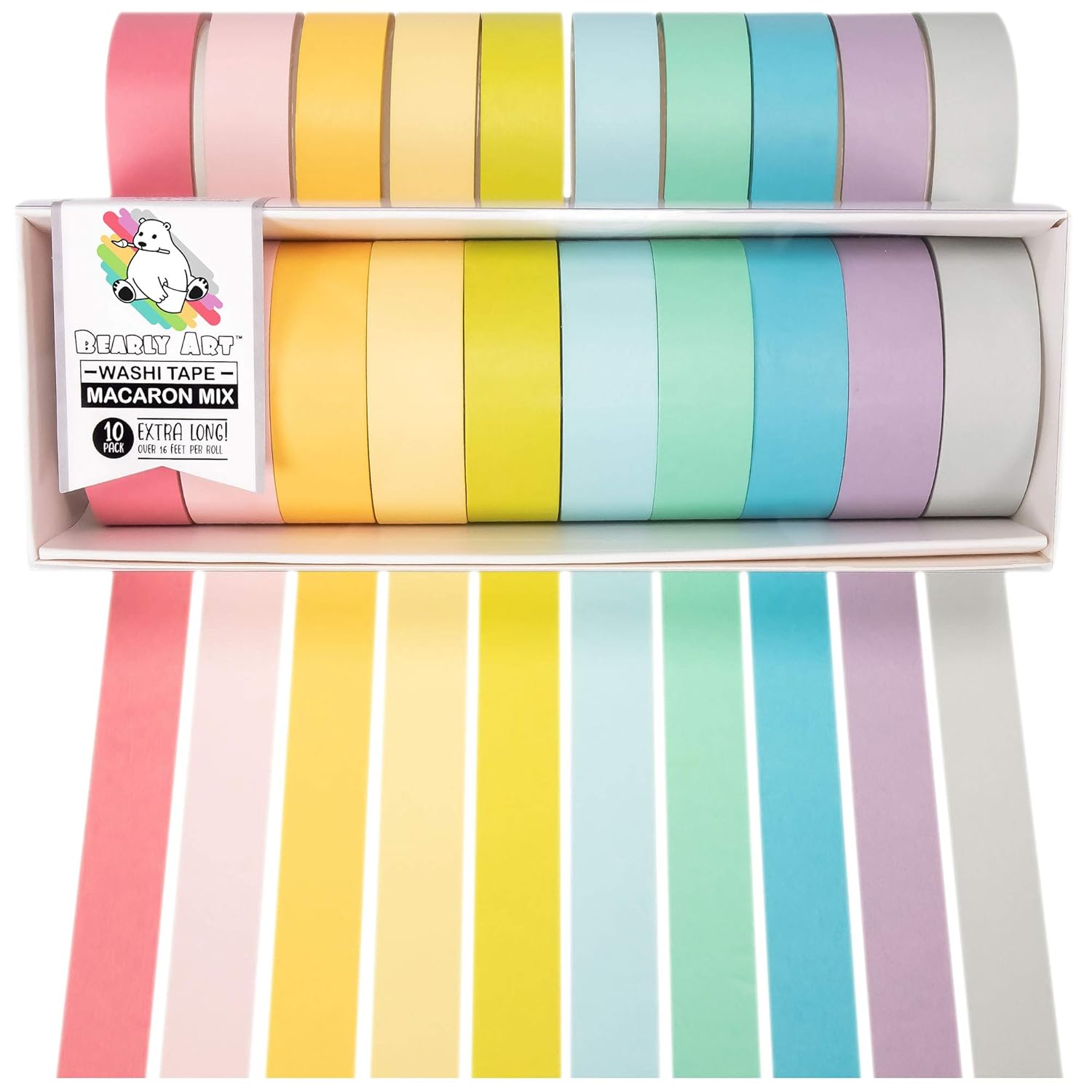 Bearly Art Washi Tape Set - Macaron Mix - 12 Pastel Colors Decorative Tape for DIY Crafts - Extra Long Rolls - Scrapbooking and Paper Crafts - 15mm Wide and 5m Long