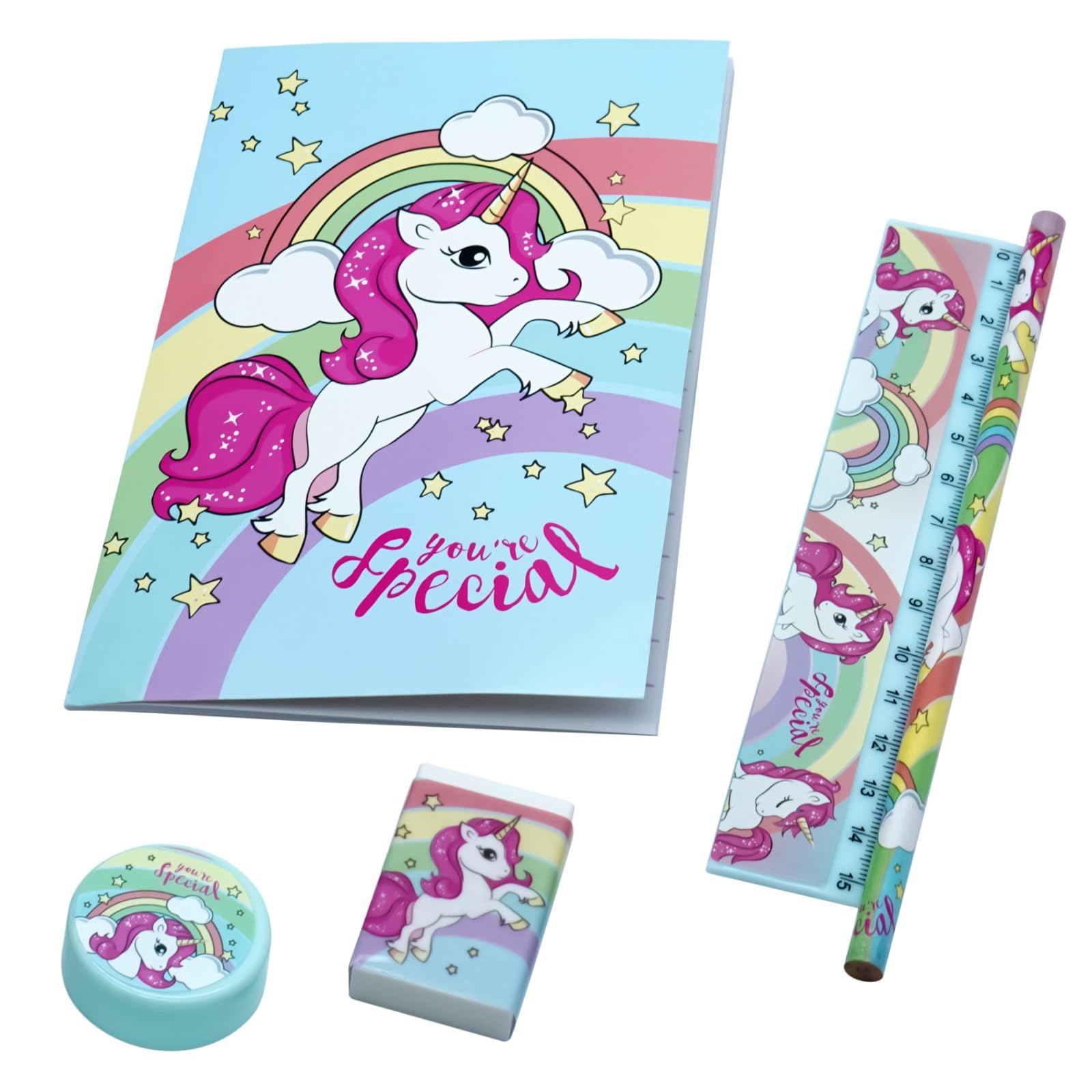 5Pcs Unicorn School Stationery Set for Girls Back To School Stationary Set Sharpener, Eraser, Ruler, Pencil, Notebook Stationery Kit for Kids 3+ Years