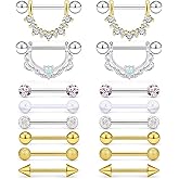 SCERRING 8 Pairs 14G Stainless Steel Clear CZ Nipple Ring Tongue Straight Barbell Rings Bars Retainer Body Piercing Jewelry for Women Men 9/16Inch