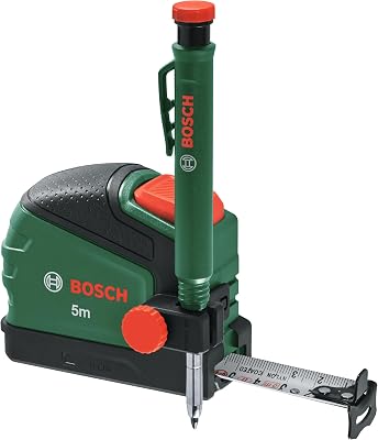 Maßband 5m + Tieflochmarker Bleistift (mit Bleistiftclip; Auto-Lock; Nylonbeschichtetes Band; 22mm Bandbreite; 2m Stabilität; Zweirichtungshaken; Metall-Gürtelclip; Softgrip) - Amazon Edition