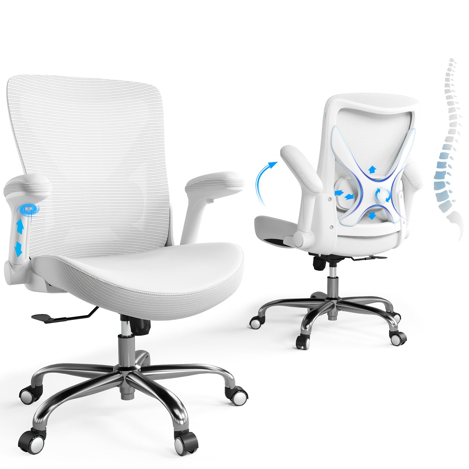 Photo 1 of *USED*
Ergalithic Office Home Ergonomic Desk Chair-Computer X-Shaped Chair Mesh PU Leather with Adjustable Lumbar Support-Executive Chair High Back Flip-Up Arms for Long Hours (White-No Headrest)