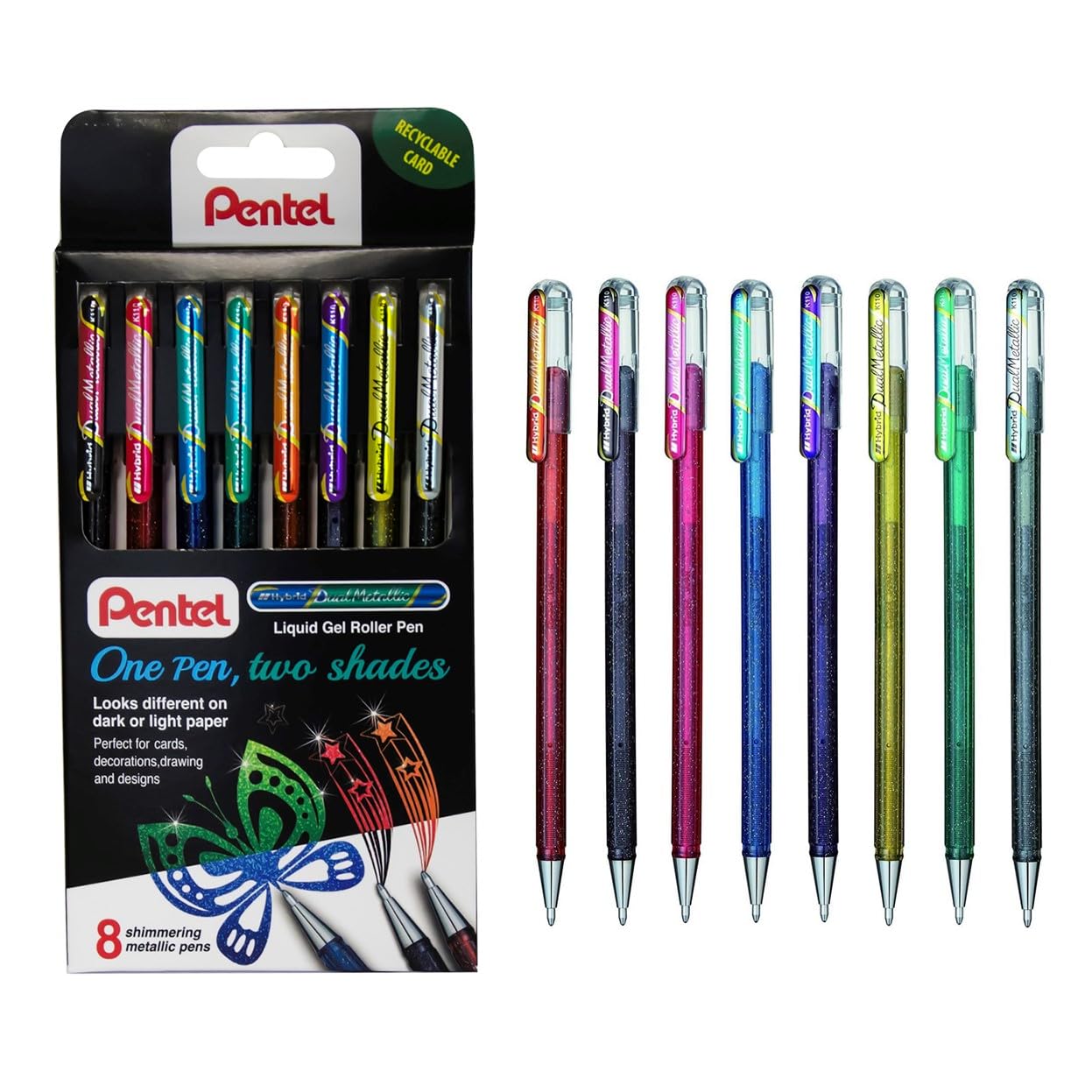 Pentel K110 Hybrid DualMetallic Gel Rollerball Pens, Assorted Metallic Colours (Wallet of 8)