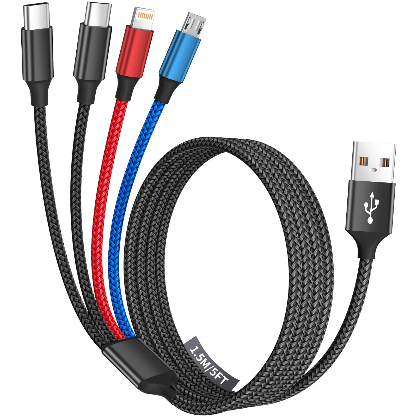 Upgraded 4 in 1 Charging Cable with Dual Type C Port for iPhone 16, Travel Essentials USB Multi Charging Cable, Travel Charger for Multiple Devices Compatible with iPhone16-6, iPad, Android, More- 5FT