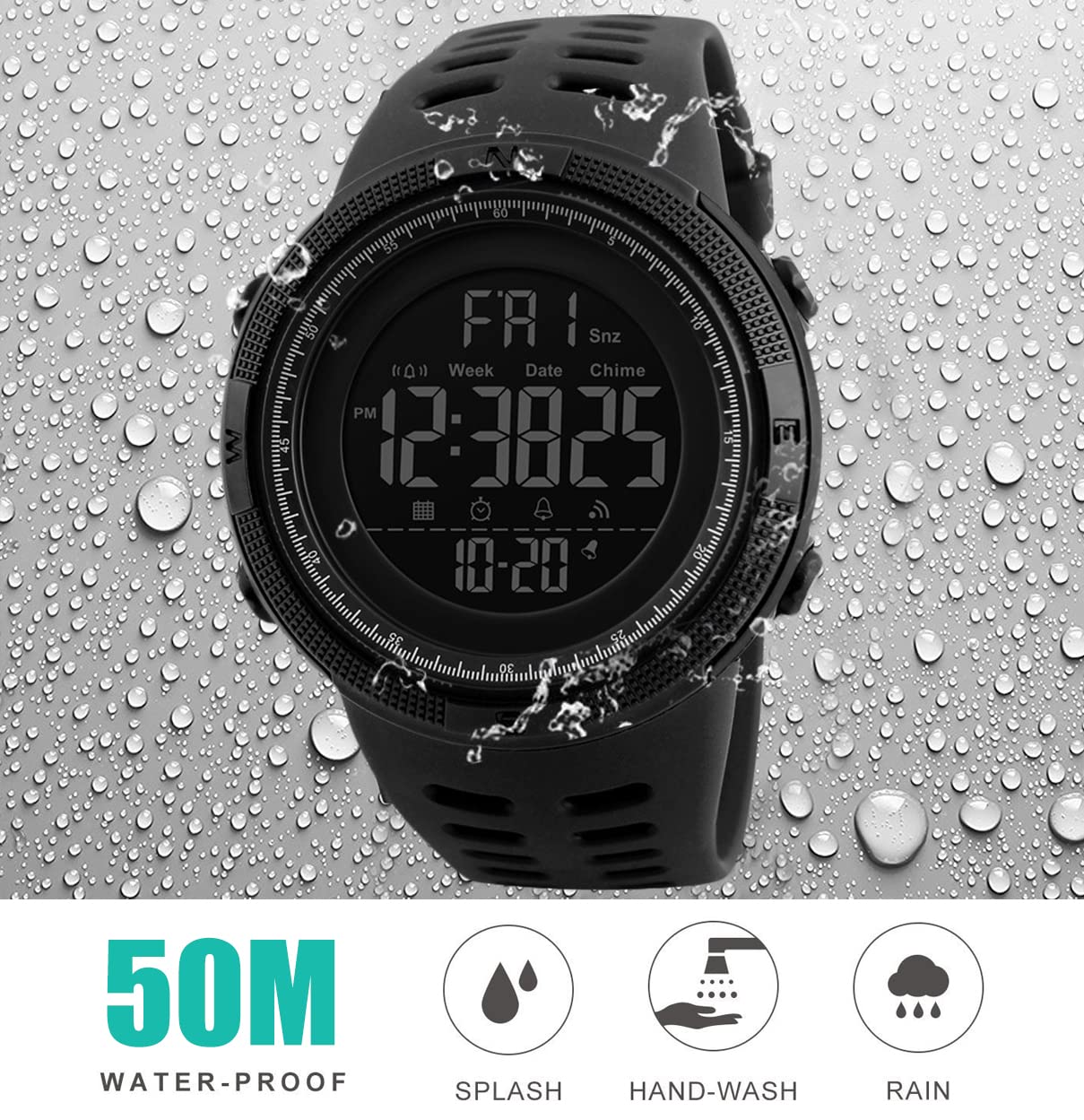 RSVOM Herren Digitaluhren - 50M wasserdichte Herren Digital Sport Uhren, Schwarz große Gesicht Militär Sportuhr LED Armbanduhr für Männer mit Wecker/Count-down-Timer/Doppelzeit/Stoppuhr/12/24H