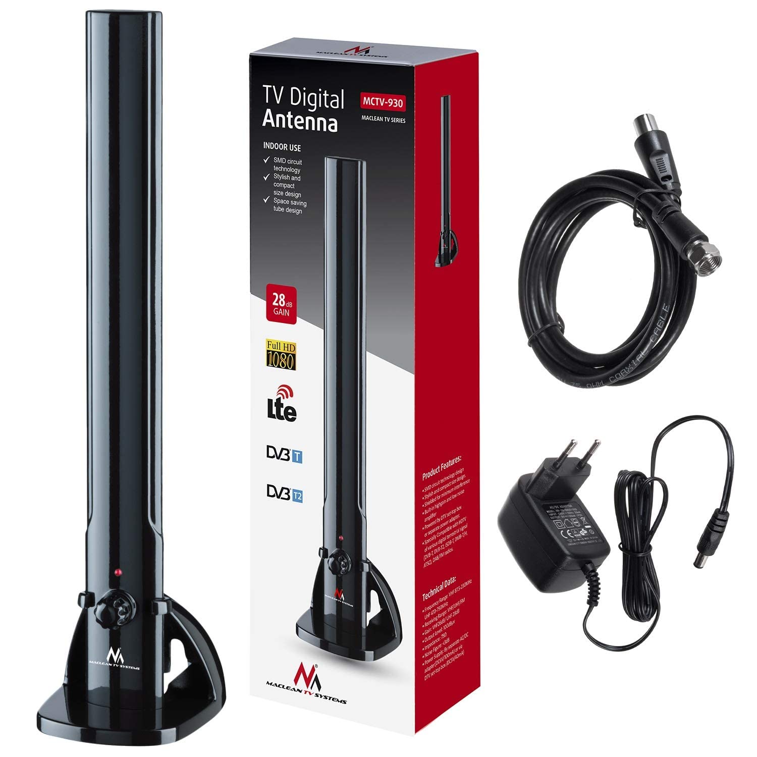 Maclean MCTV-930 Zimmerantenne TV Radio Antenne HDTV DVB-T/T2 H.265 HEVC LTE DAB UKW 100dBµV Verstärker Digital Terrestrisch