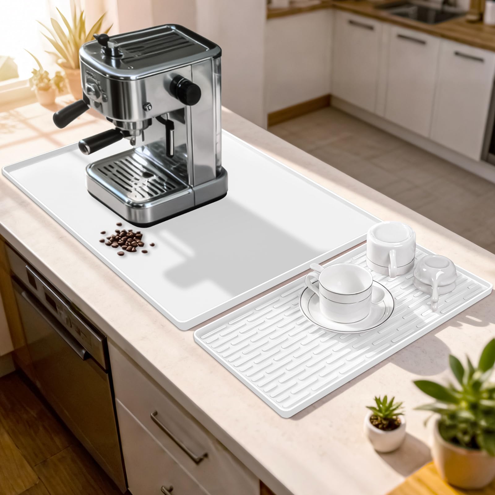 Photo 1 of Rnivvi Silicone Coffee Mat, 12" x 19" Waterproof & Easy Clean Raised Edge Coffee Bar Mats for Espresso Machine Station Accessories, Heat Resistant Non-Slip Dish Drying Pad for Kitchen Counter, White