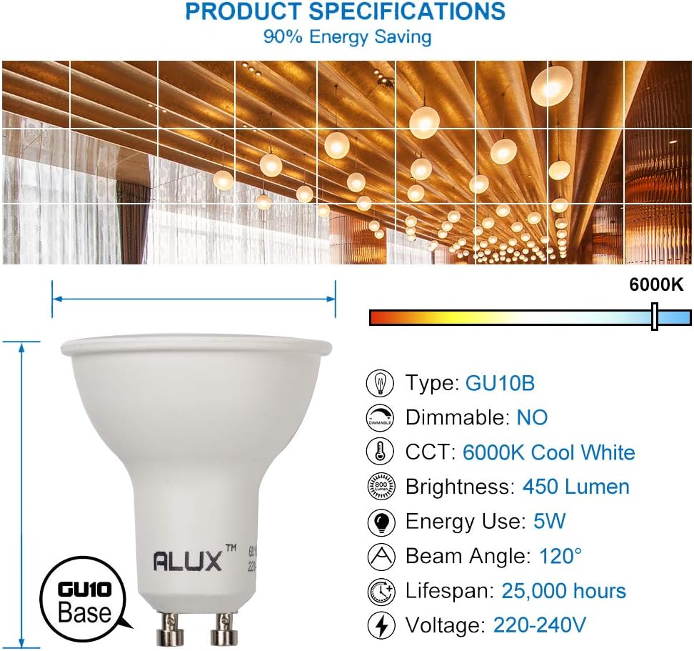 ALUSSO 5W GU10 LED Bulbs Cool White 6000K, 400lm Brightness, 120° Wide Beam Angle, Pack of 10, Non-Dimmable - Image 3