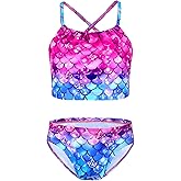 Girls Swimsuit Tankini Sets Size 10-12 Years Old Pink Blue Mermaid Scale UPF 50+ Sports Bathing Suits 2-PC Swimwear