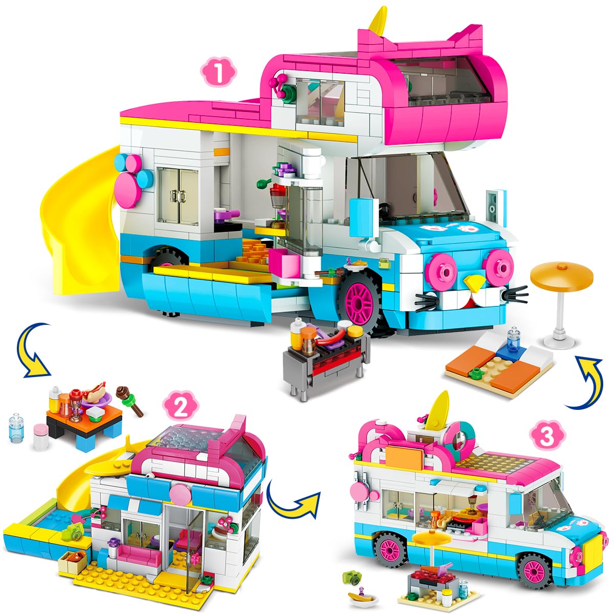 CUBIMANA 3-in-1 Cat Car Building Set, Girls Camper Van & Ice Cream Truck City Bus Building Toys with Slide and Stickers, Gifts for Kids Age 6-12 (494PCS)