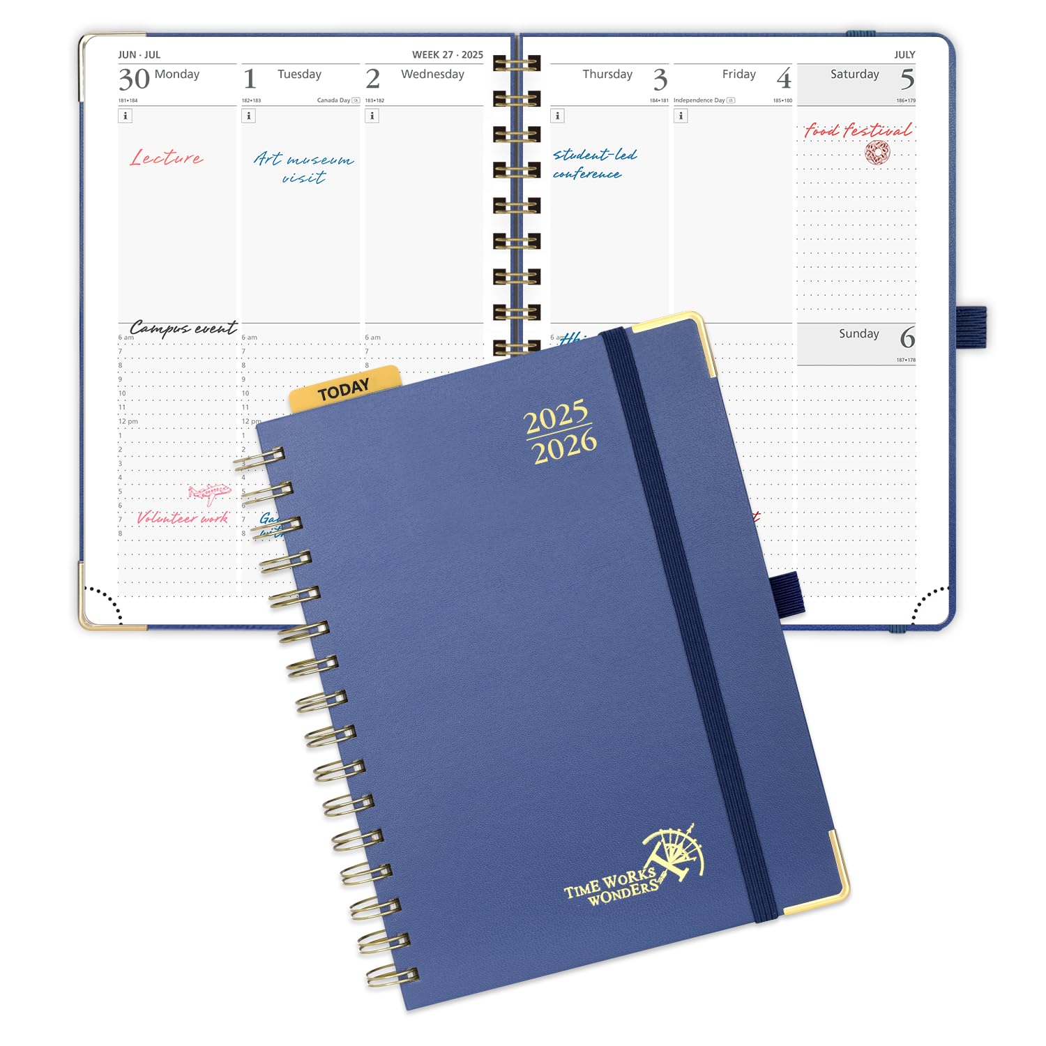 Photo 1 of POPRUN Academic Planner 2025-2026 (July 2025-June 2026), Daily Weekly and Monthly Appointment Book (Wirebound Hard Cover - 6.25'' x 8.5'') with Hourly Time Slots, Tabs, 100 GSM - Navy Blue