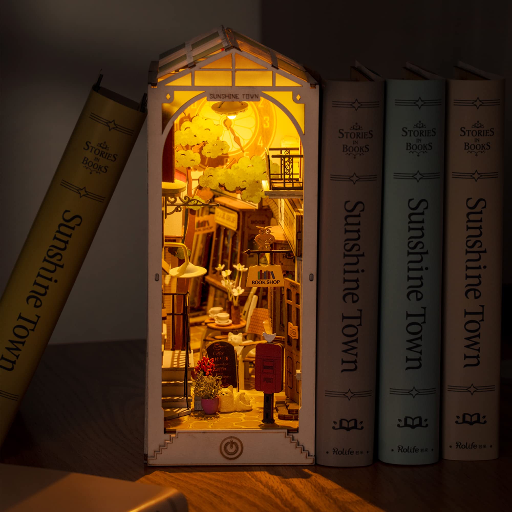 Hands Craft DIY Book Nook Kit – Sunshine Town Miniature House Dollhouse LED Lights Booknook Bookshelf Insert Laser Cut Wooden Puzzle 3D Bookends Book Stand Decor TGB02