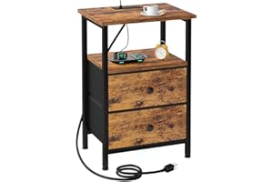 LOAKEKEL Night Stand, Nightstand with Charging Station, End Table with Storage 2 Fabric Drawers for Bedroom, Small Bed Side Table with USB Ports and Outlets for Living Room, Brown, HETS020BR-1