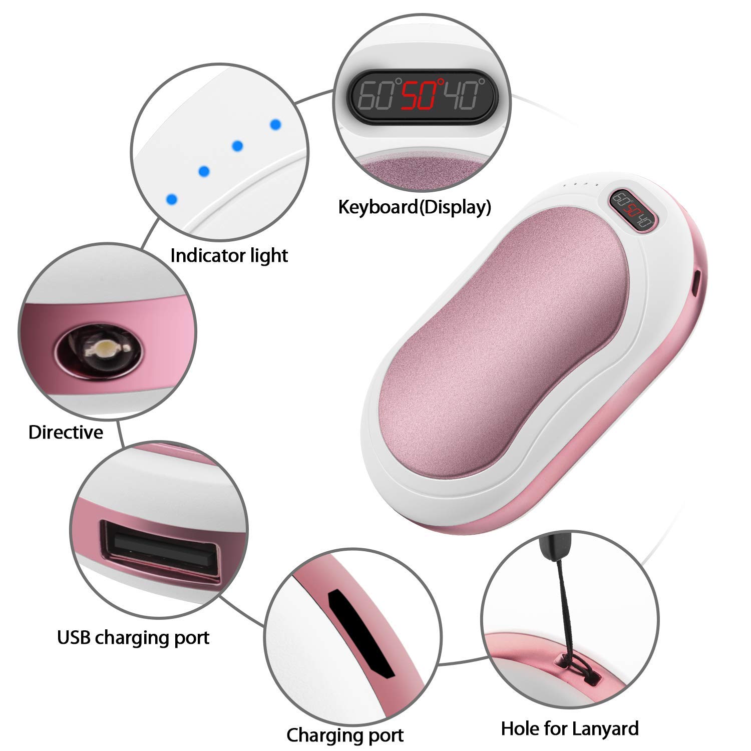 Electric Hand Warmer, 3 IN 1 USB Rechargeable Hand Warmer 6000mAh Power Bank Hand Warmer with Vibration Massage, LED Flashlight and Visible LCD Play, Great for Outdoor Sport, Winter Gifts- Rose Gold