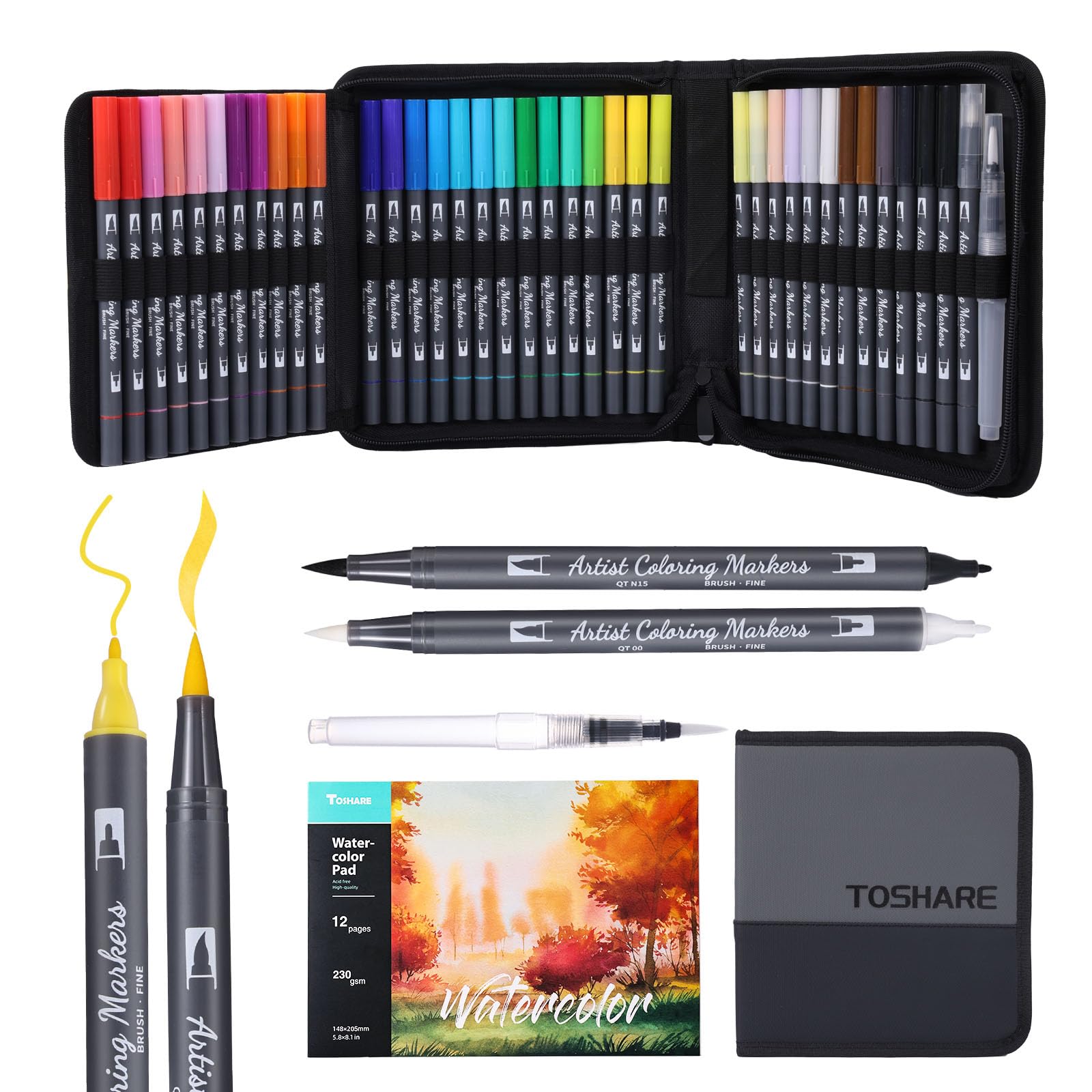 Photo 1 of Watercolor Pens Set, 36-Color Dual Tip Paint Markers, Water-Based Coloring Markers with 1 Aquapen, 1 Colorless Blender, 1 Black Marker, and 12-Page Pad, Art Supplies for Artists and Beginners