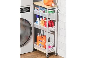 XYZLVSI Slim Storage Cart 4 Tier Laundry Cart with Wheels, Narrow Metal Kitchen Rolling Carts Bathroom Organizers Storage Shelf with Wood Rack and Handle for Small Space