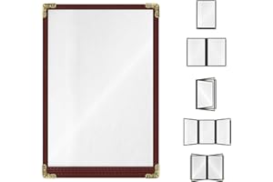 ACI SUPER POWER Goodsmart Restaurant Menu Covers – 25 Pack Burgundy 2-View, Top-Loading Menu Holders, Vinyl & Plastic Café Menu Covers, Clear Menu Sleeves, Fits 5.5" x 8.5", Leather-Style Design, Gold Corners